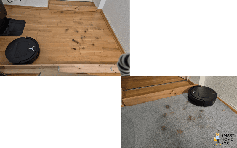 Der ECOVACS DEEBOT T80 OMNI saugt im Test Haare weg vom Teppich und Hartboden.